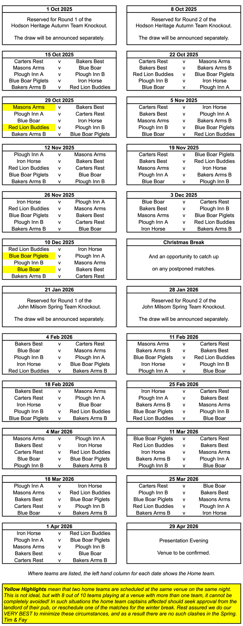 Fixtures table for 2025-26 season