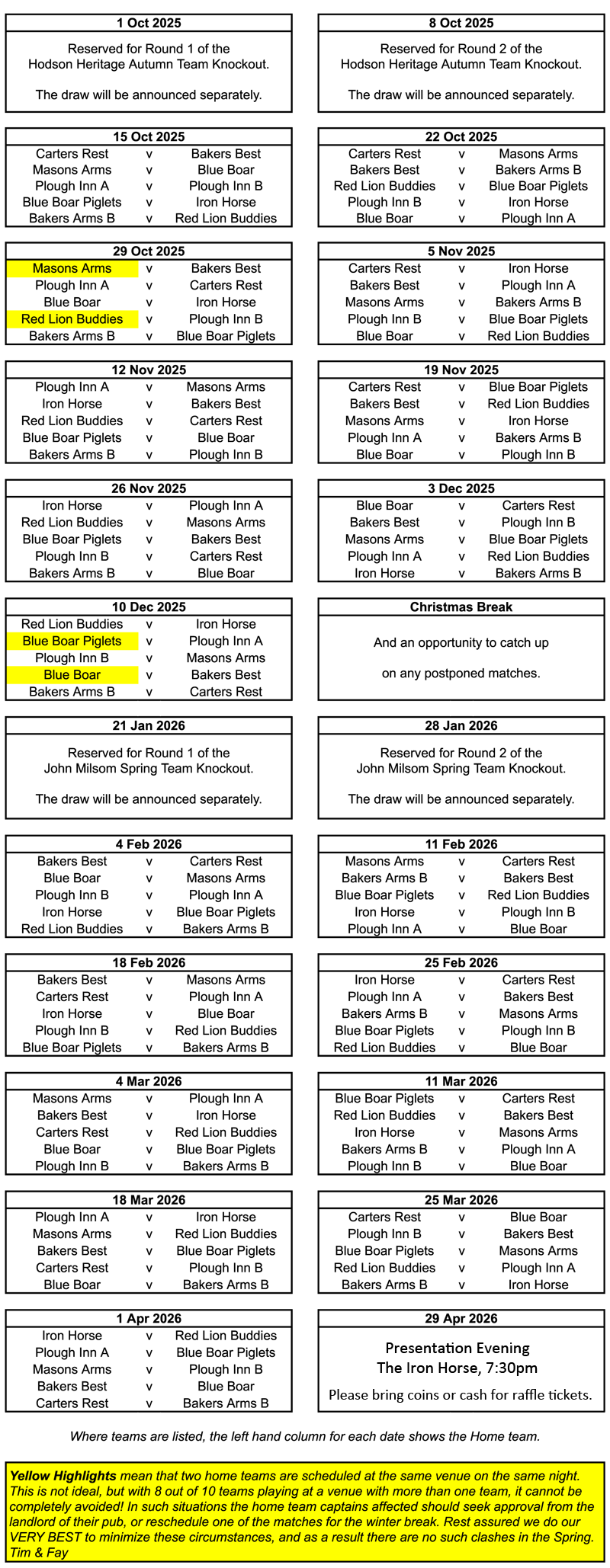 Fixtures table for 2025-26 season